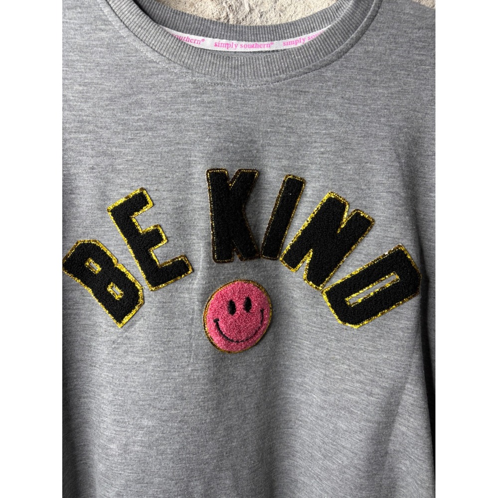 Simply Southern Be Kind Smiley Face Gray Sweatshirt Womens Large Pockets Glitter - Picture 2 of 7